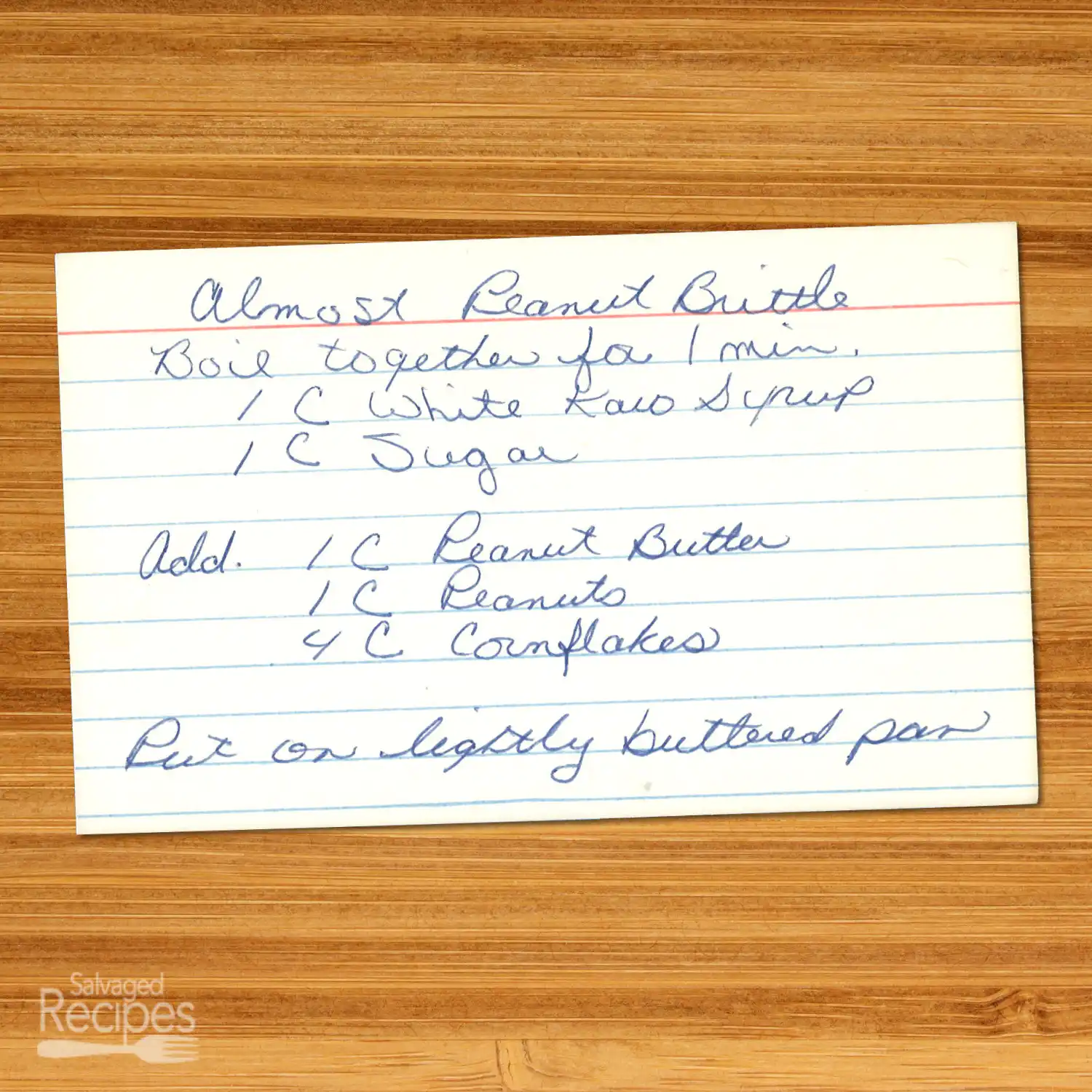 Handwritten recipe card for Almost Peanut Brittle