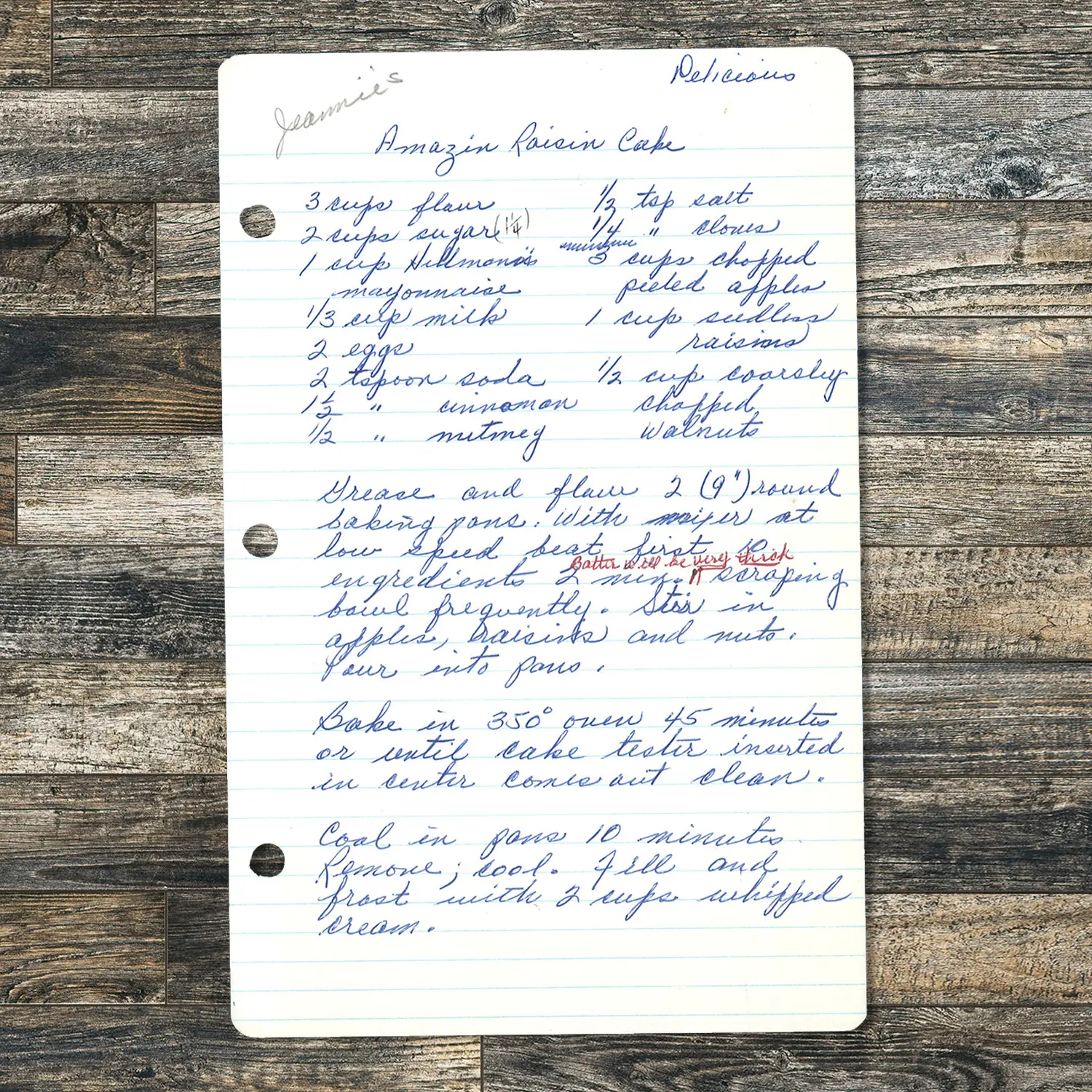 Handwritten recipe for Jeannie's Amazing Raisin Cake