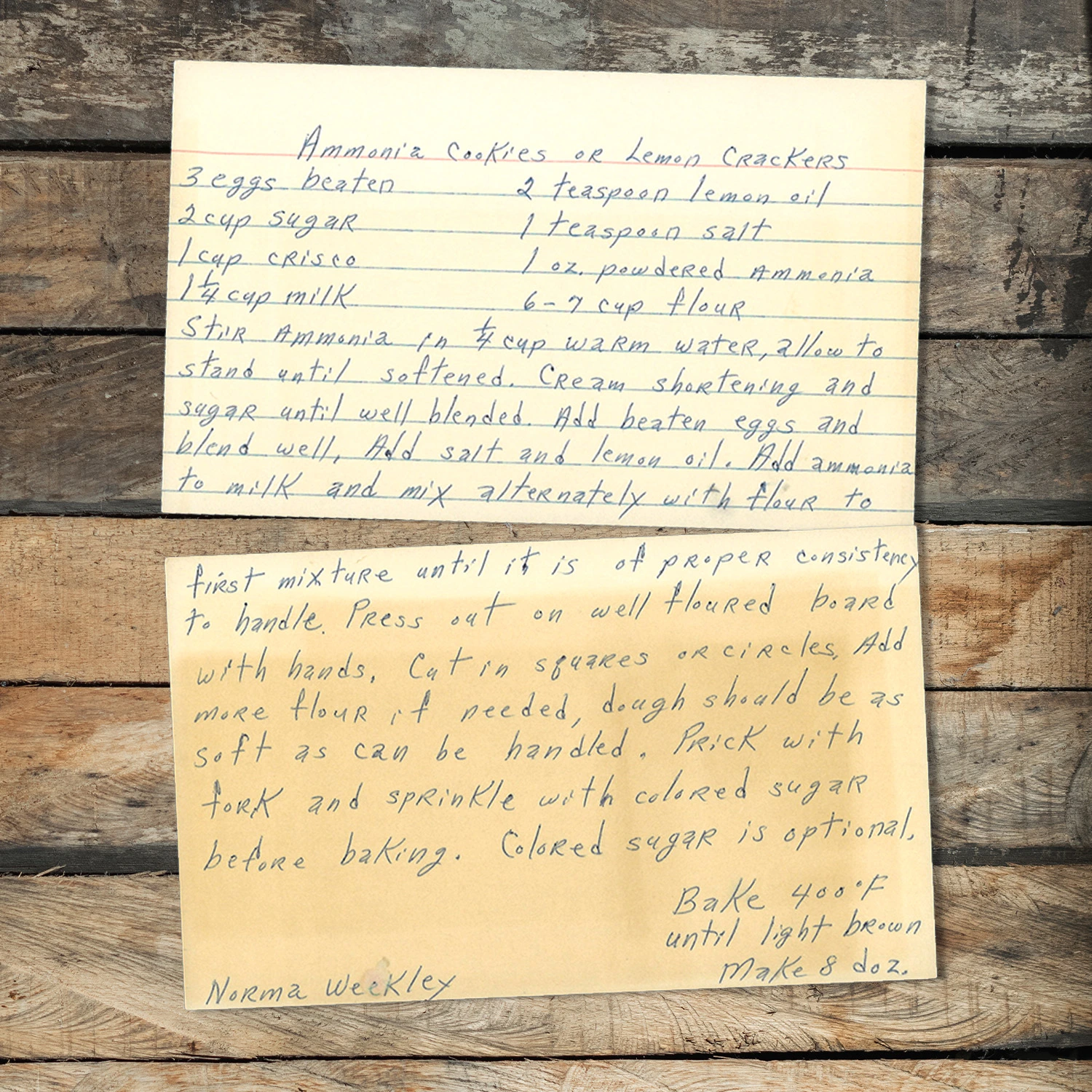 Handwritten recipe card for Ammonia Cookies or Lemon Crackers