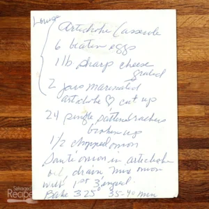 Handwritten recipe for Artichoke Casserole