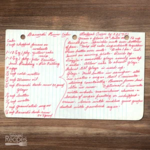 Handwritten recipe for Bacardi Rum Cake