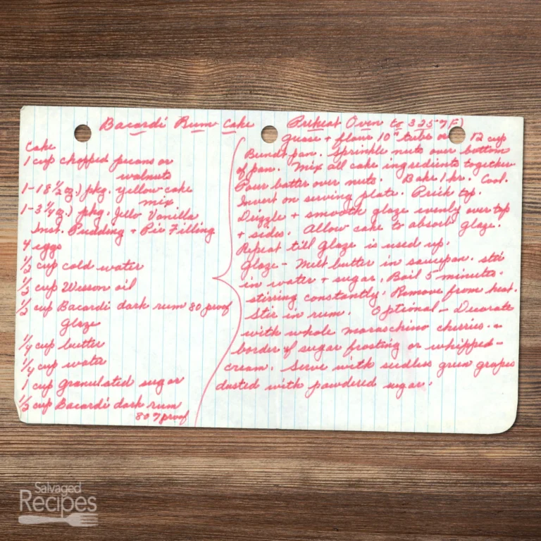 Handwritten recipe for Bacardi Rum Cake