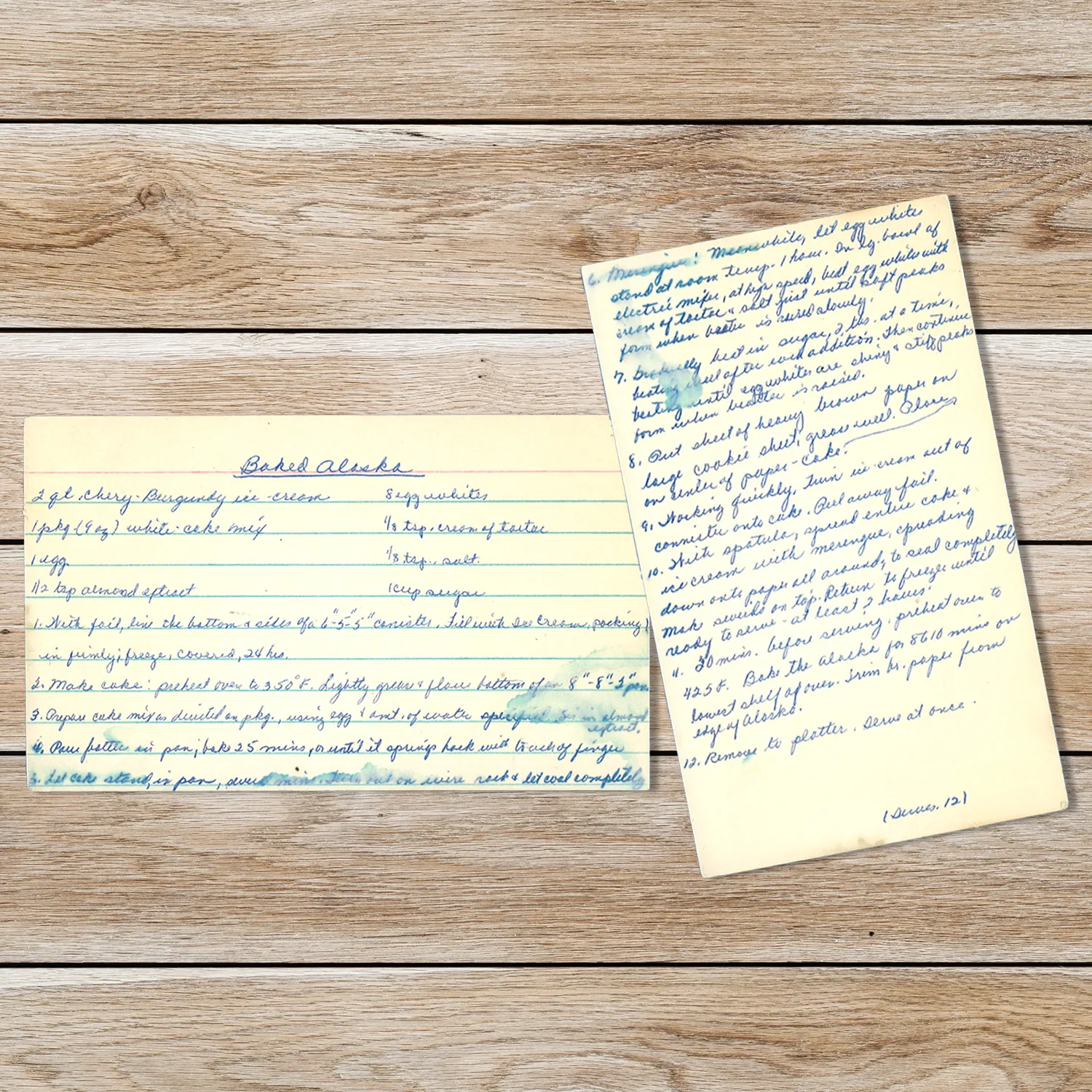 Handwritten recipe cards for Baked Alaska