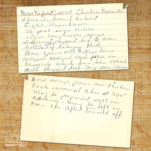 Handwritten recipe card for Baked Chicken Breast from Mrs Reybold