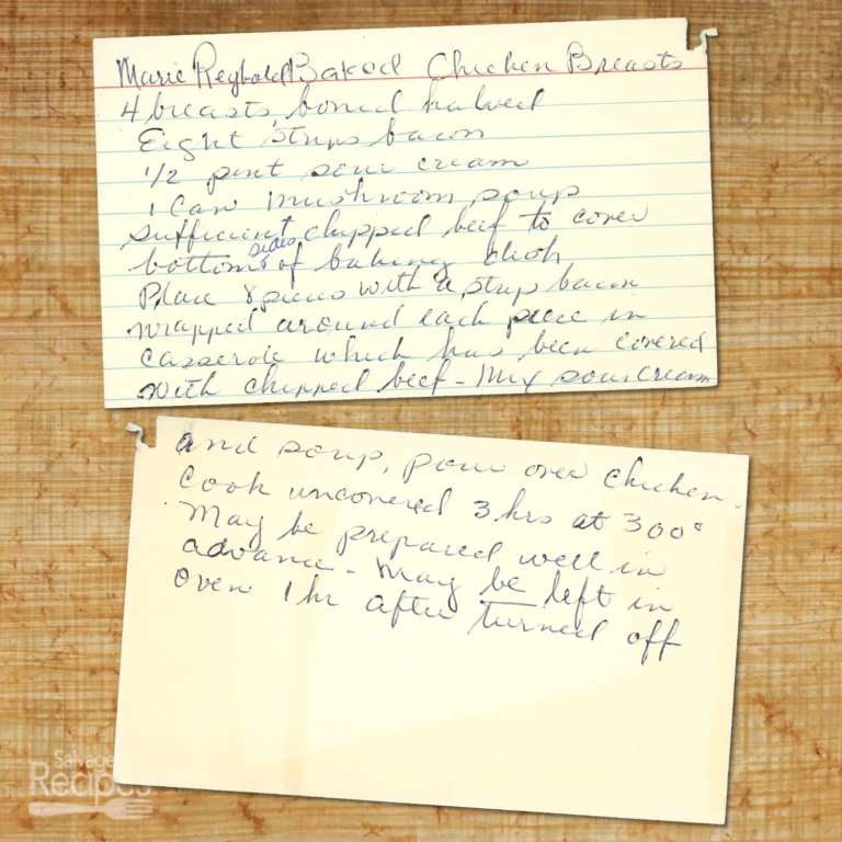 Handwritten recipe card for Baked Chicken Breast from Mrs Reybold