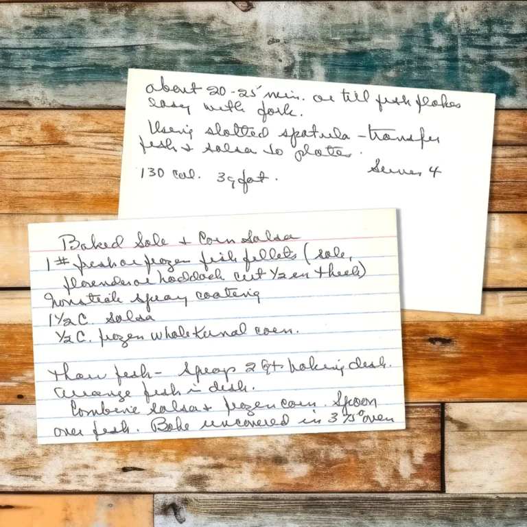 Handwritten recipe card for Baked Sole and Corn Salsa