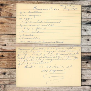 Handwritten recipe cards for Banana Cake from Mary Allen