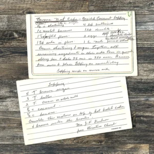 Handwritten recipe for Banana Nut Cake with Broiled Coconut Frosting