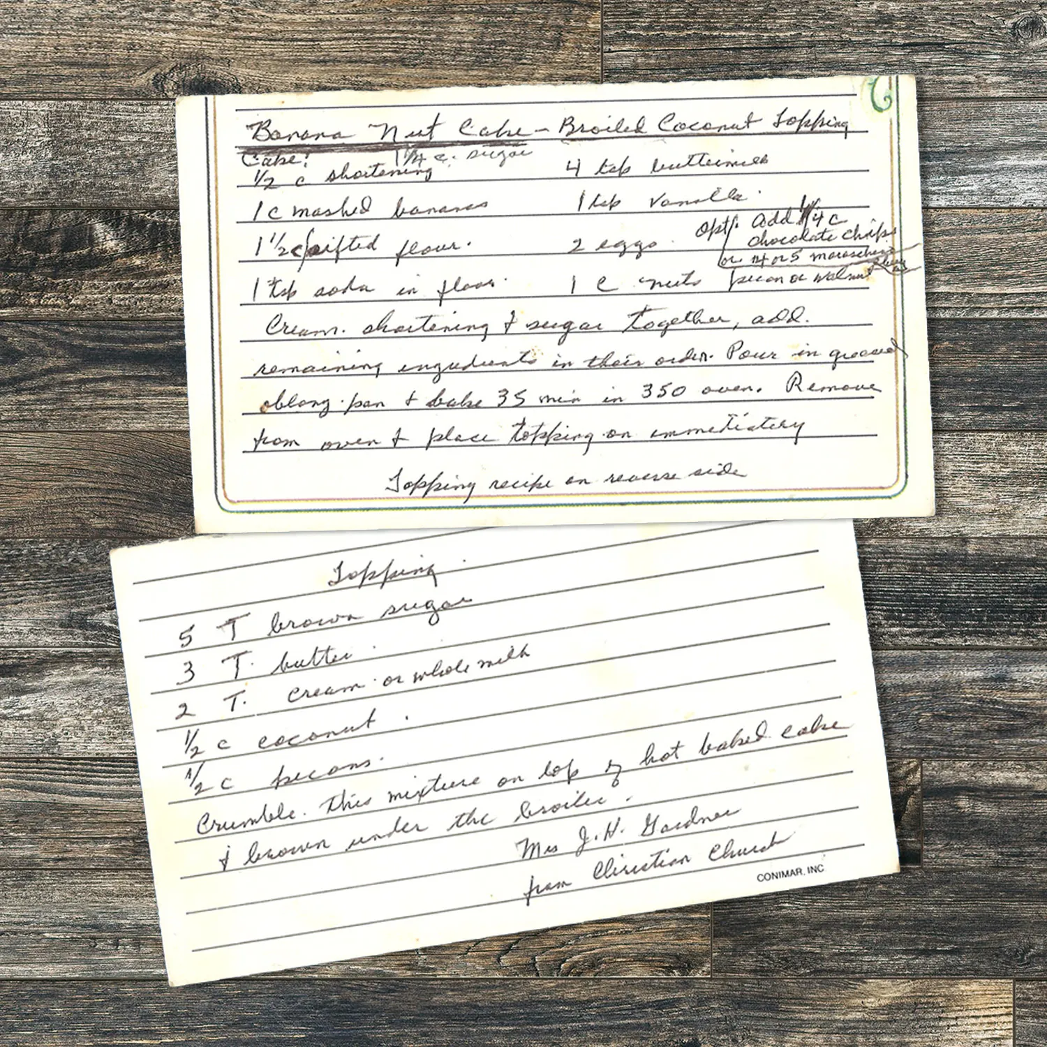 Handwritten recipe for Banana Nut Cake with Broiled Coconut Frosting