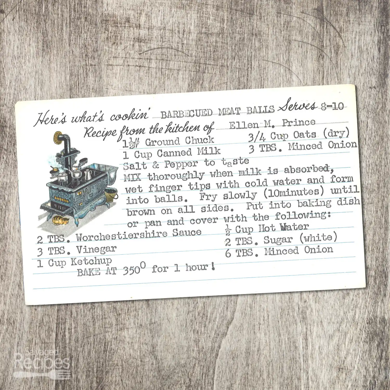 Typed recipe cards for Barbecued Meatballs from Ellen M. Prince