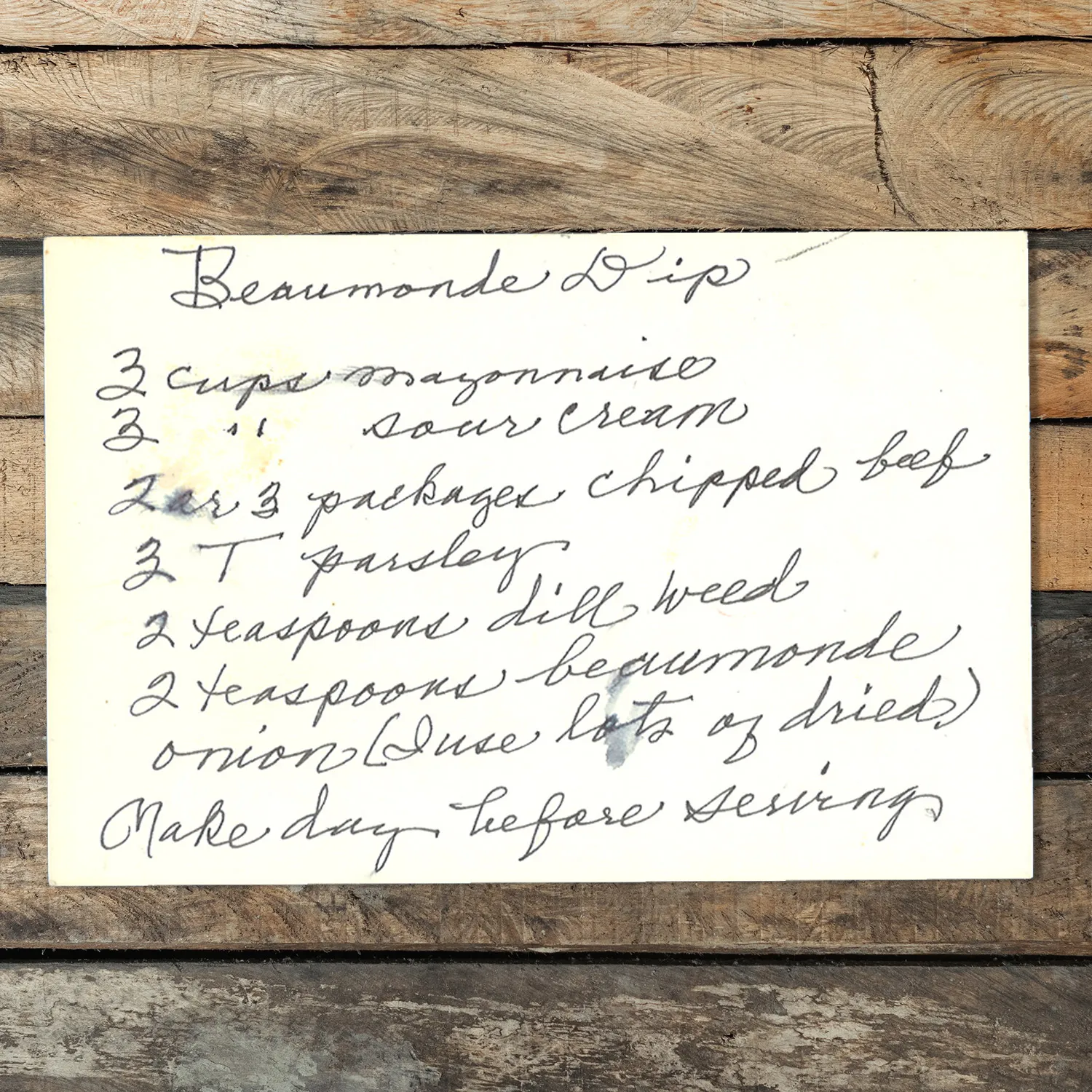 Handwritten recipe for Beaumonde Dip
