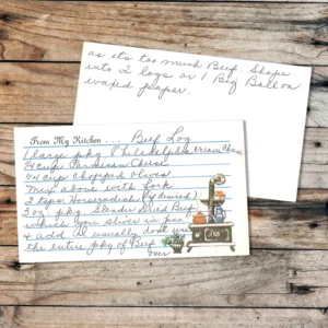 Handwritten recipe card for Beef Log