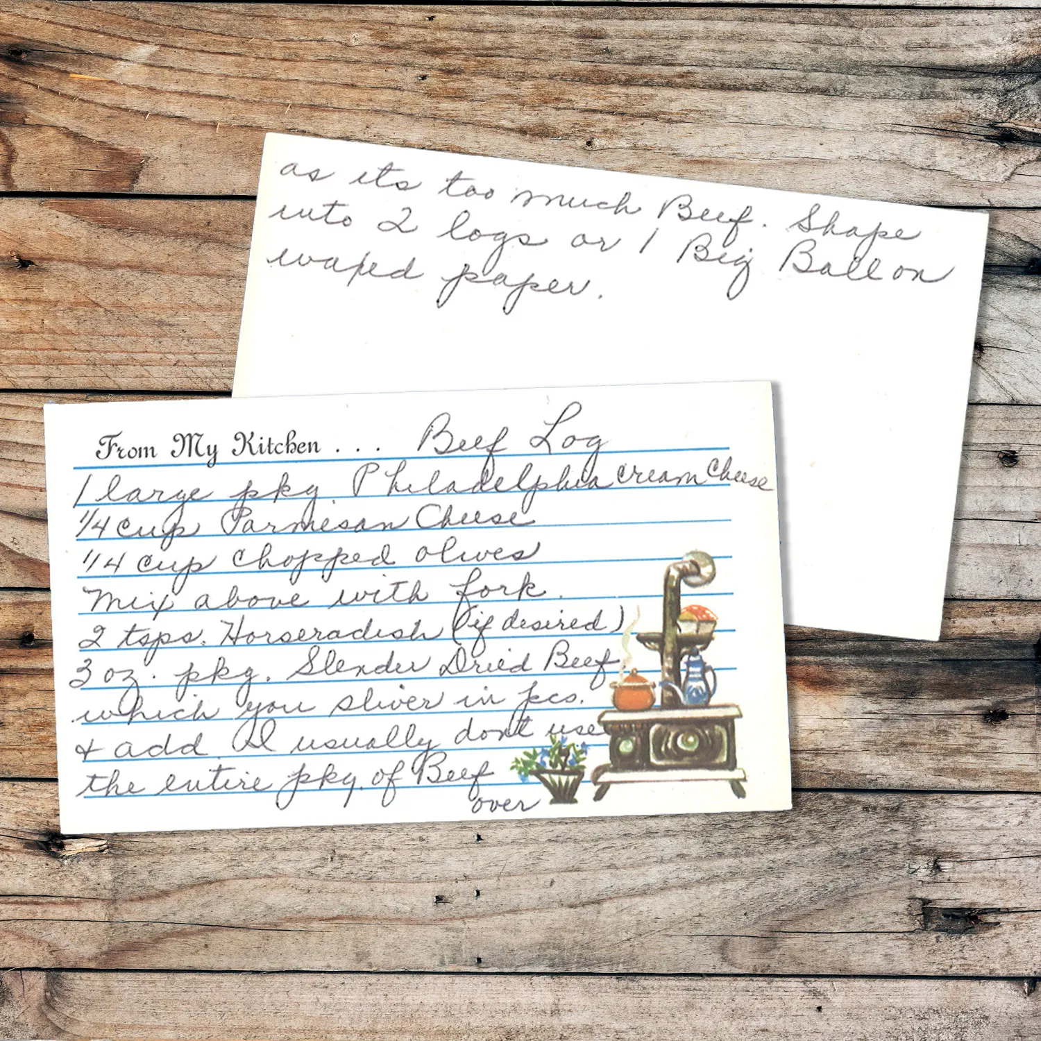Handwritten recipe card for Beef Log