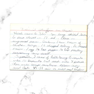 Handwritten recipe card for Biscuit Stuffing on Chops