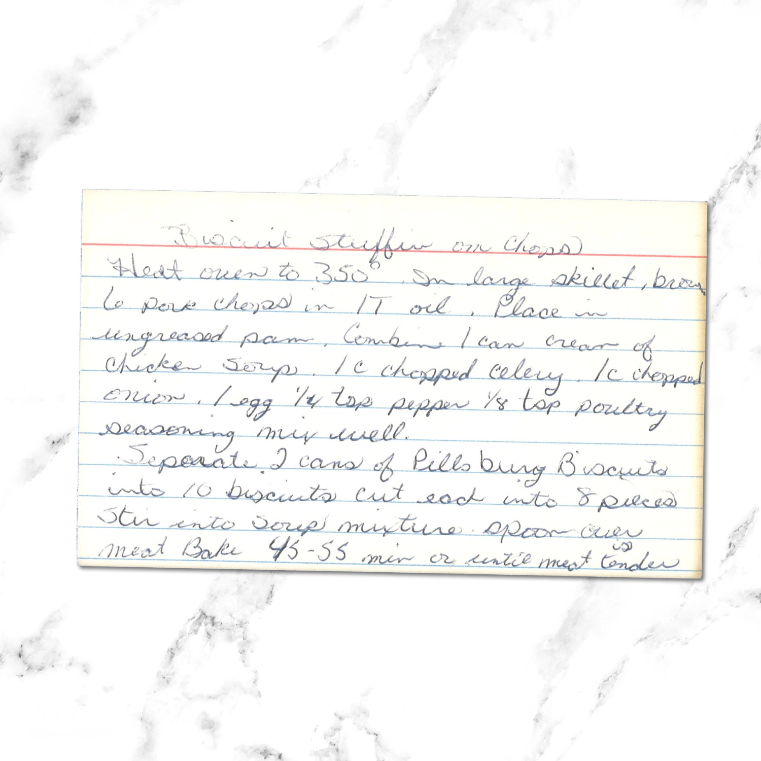 Handwritten recipe card for Biscuit Stuffing on Chops