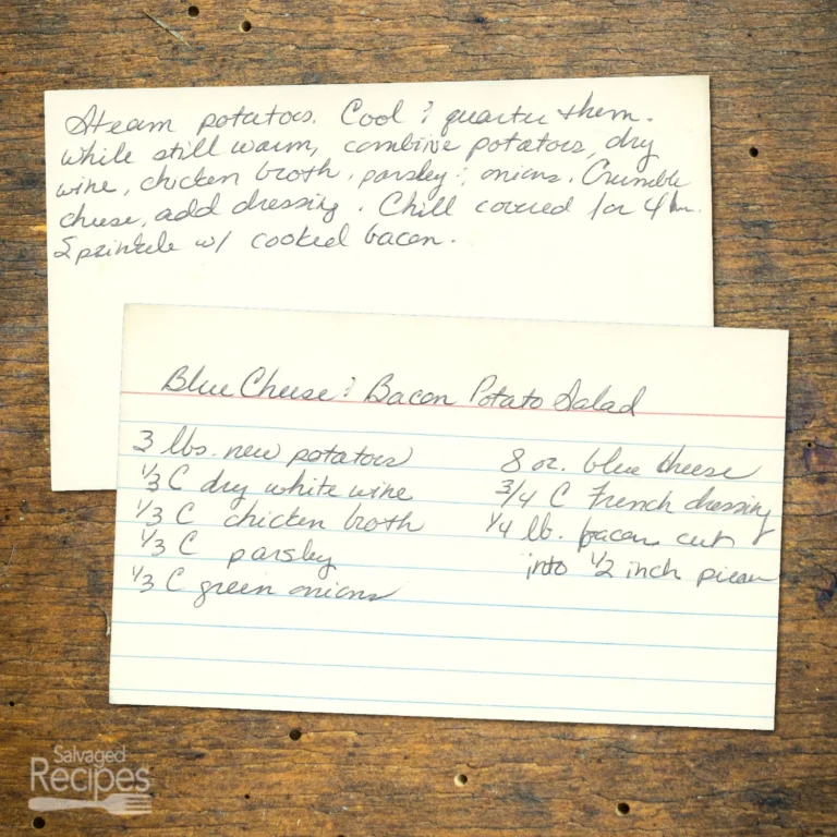 Handwritten recipe card for Blue Cheese and Bacon Potato Salad