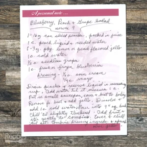 Handwritten recipe for Blueberry, Peach and Grape Salad