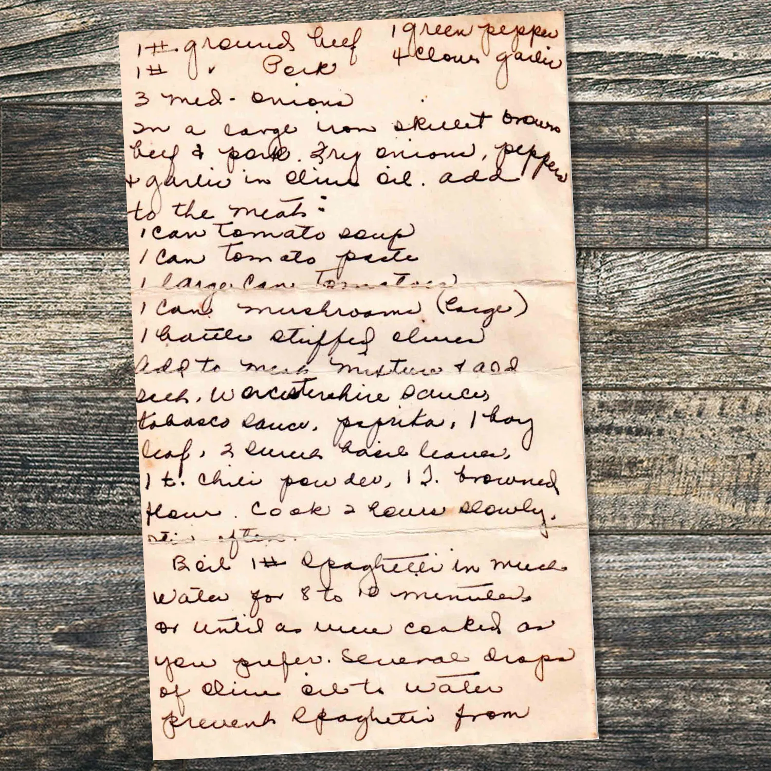 Handwritten recipe for A Bolognese Variation