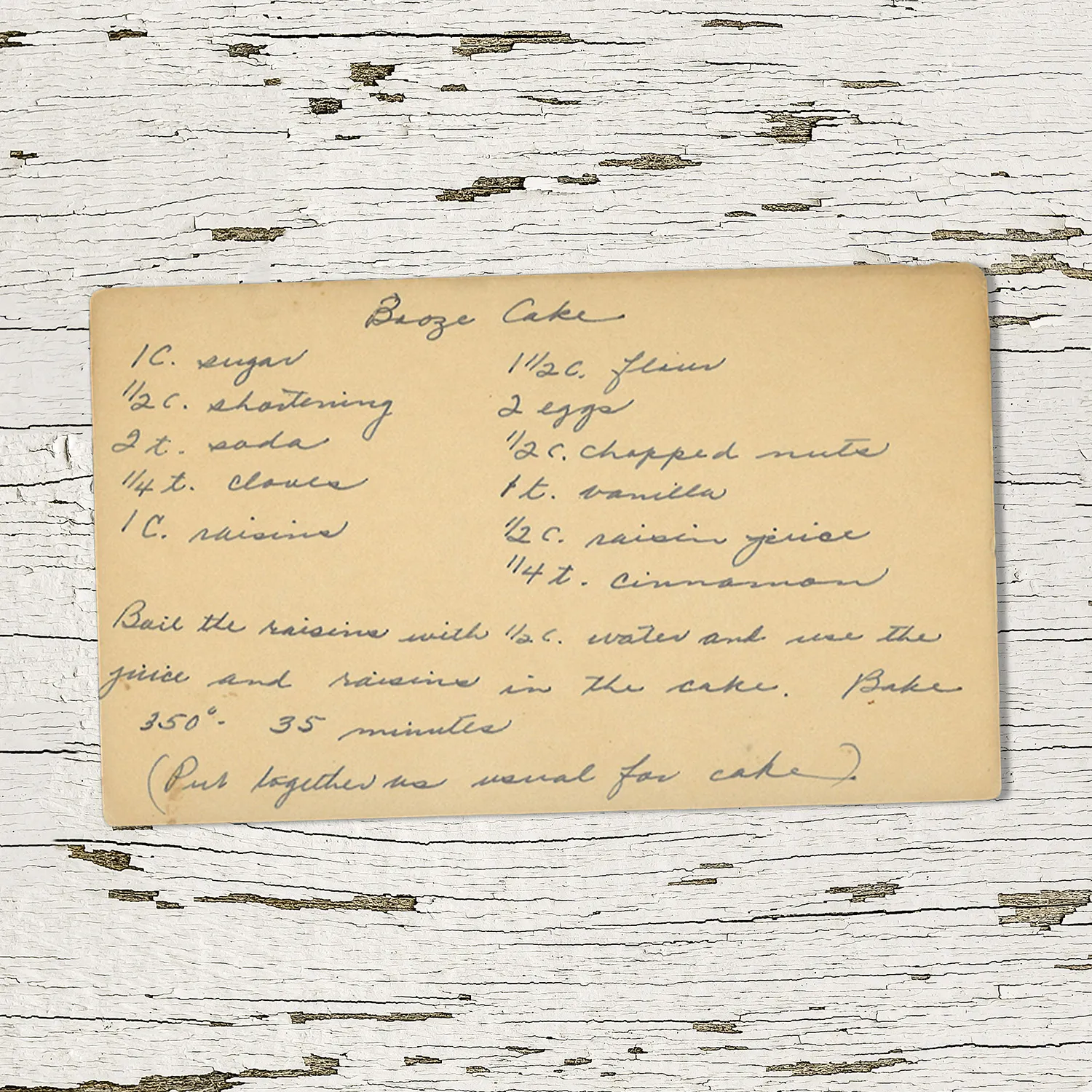 Handwritten recipe card for Booze Cake