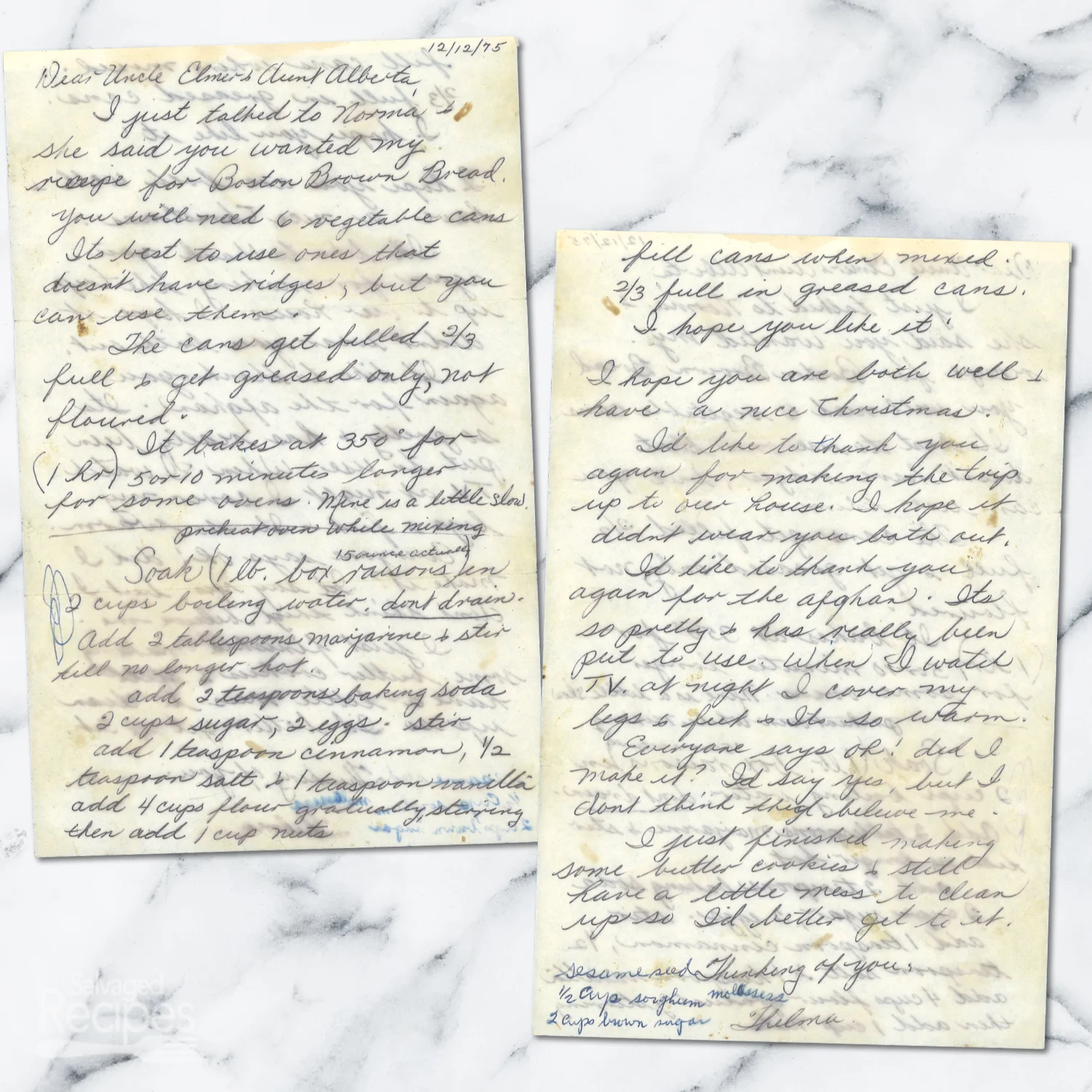Handwritten recipe for Boston Brown Bread from Thelma
