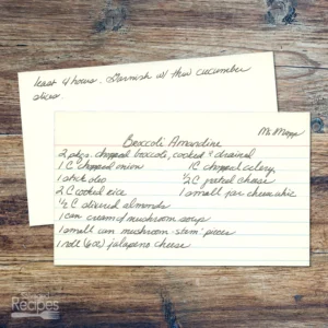 Handwritten recipe card for Broccoli Amandine Casserole