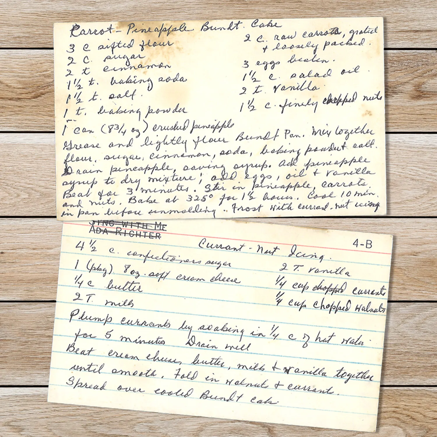Handwritten recipe card for Carrot-Pineapple Bundt Cake