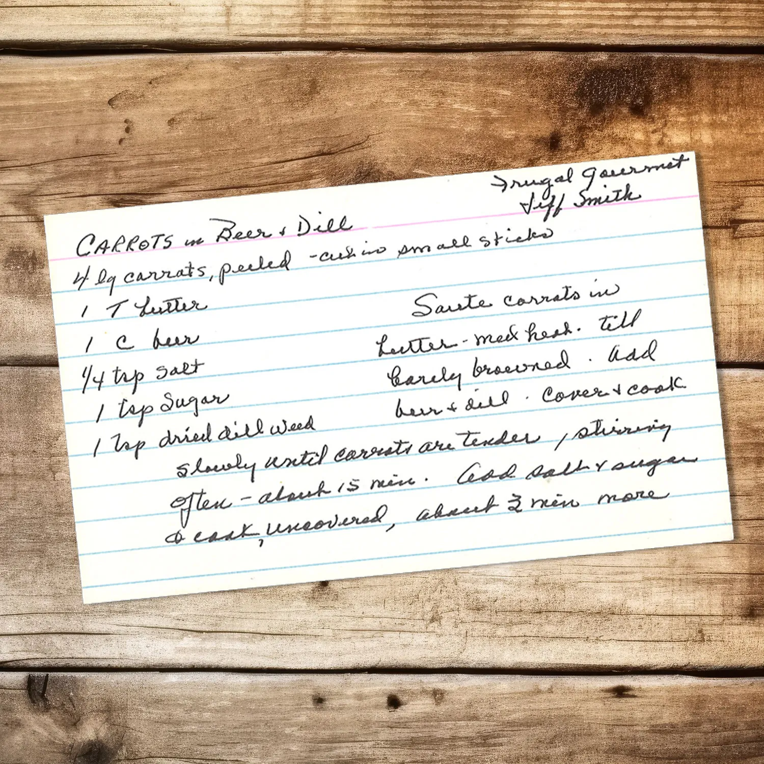 Recipe card for Carrots with Beer and Dill from Frugal Gourmet