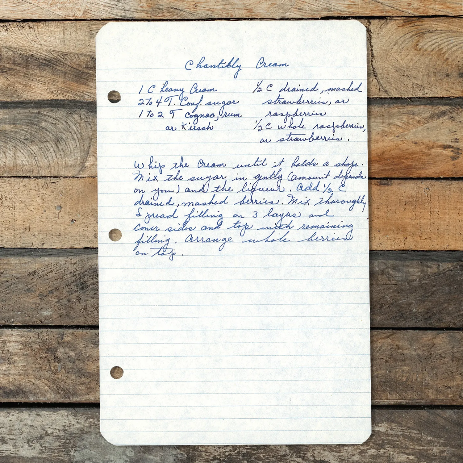 Handwritten recipe for Chantilly Cream