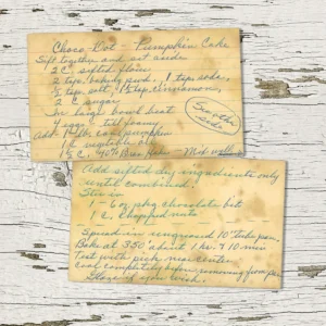 Handwritten recipe card for Choco Dot Pumpkin Cake