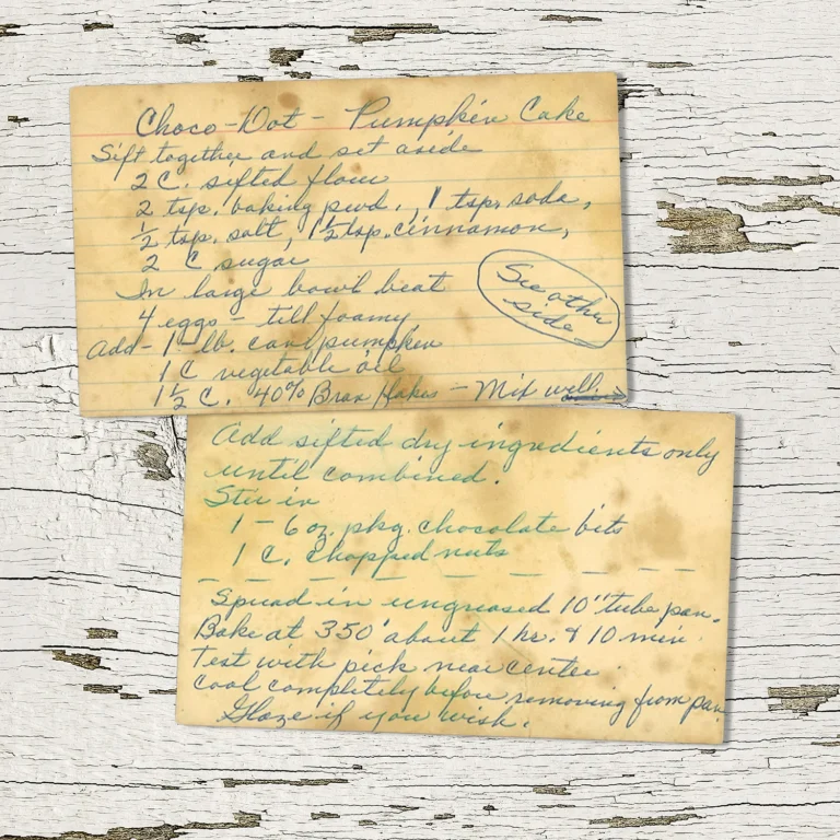 Handwritten recipe card for Choco Dot Pumpkin Cake