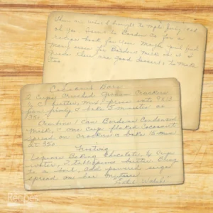 Handwritten recipe card for Coconut Bars