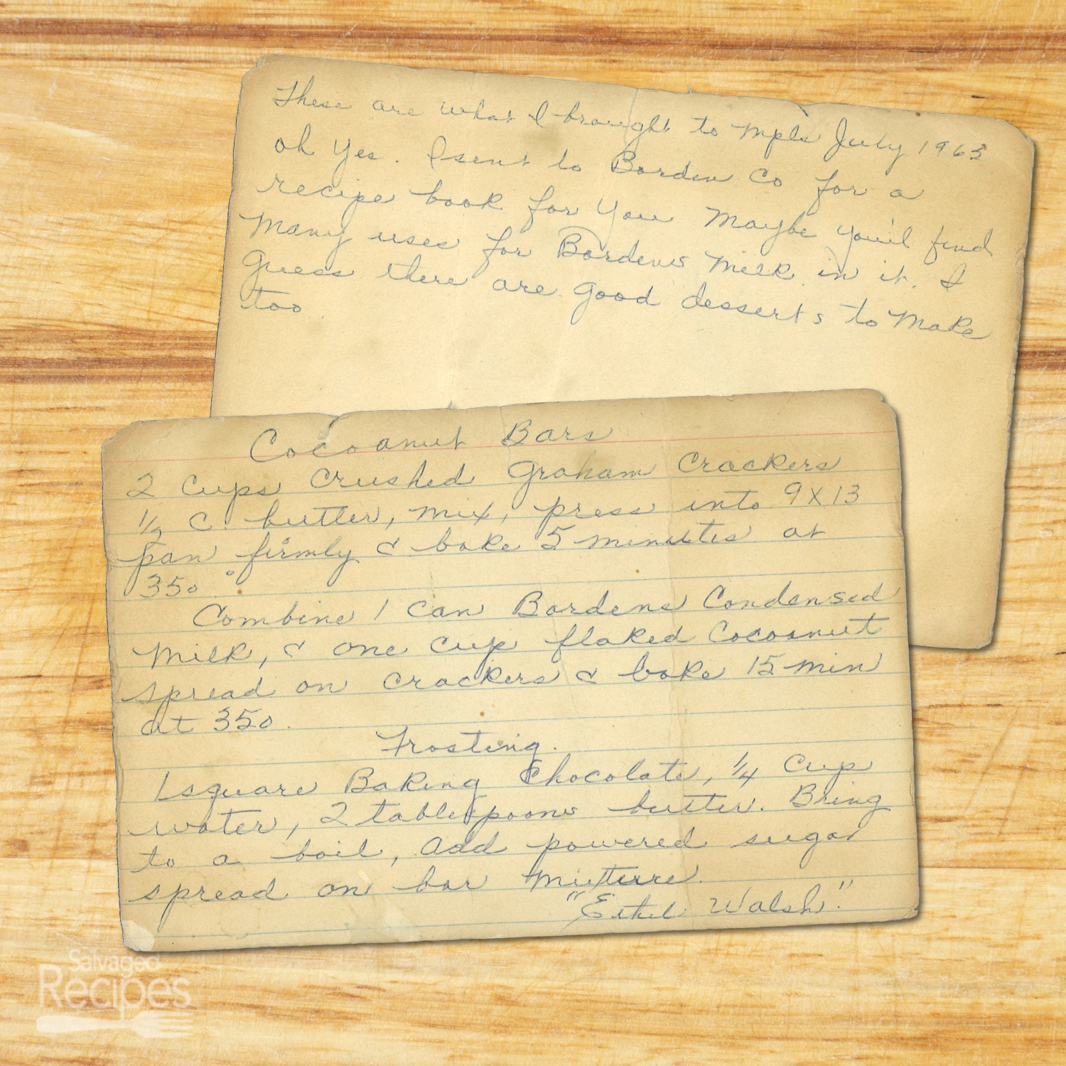 Handwritten recipe card for Coconut Bars