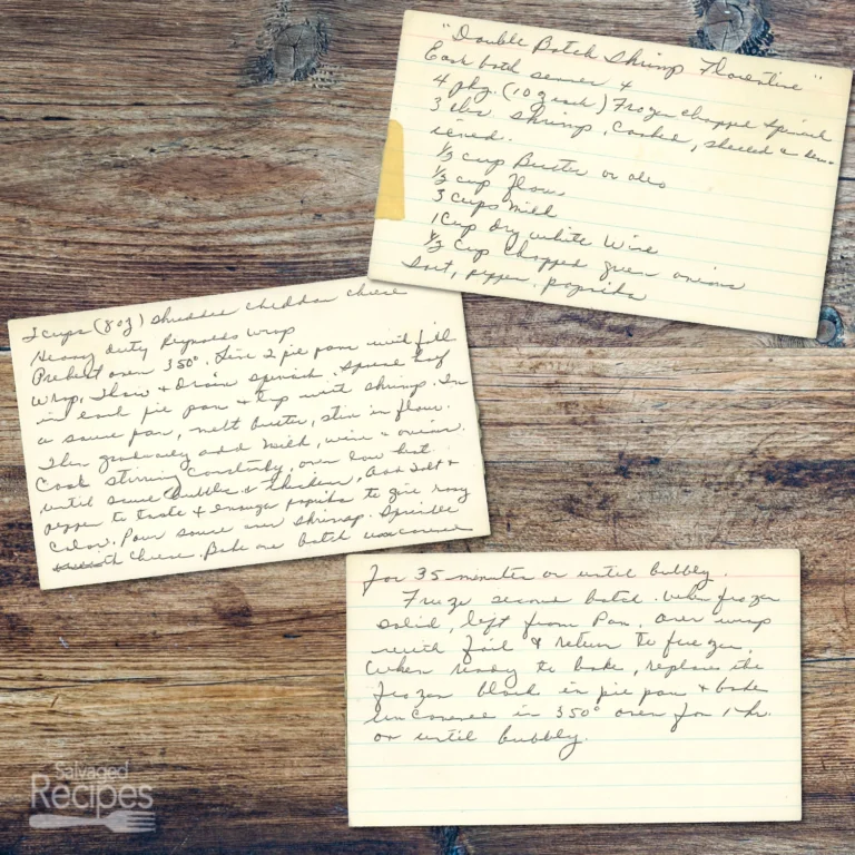 Handwritten recipe card for Shrimp Florentine