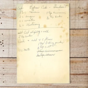 Handwritten recipe for Eggless Cake from Grandma T