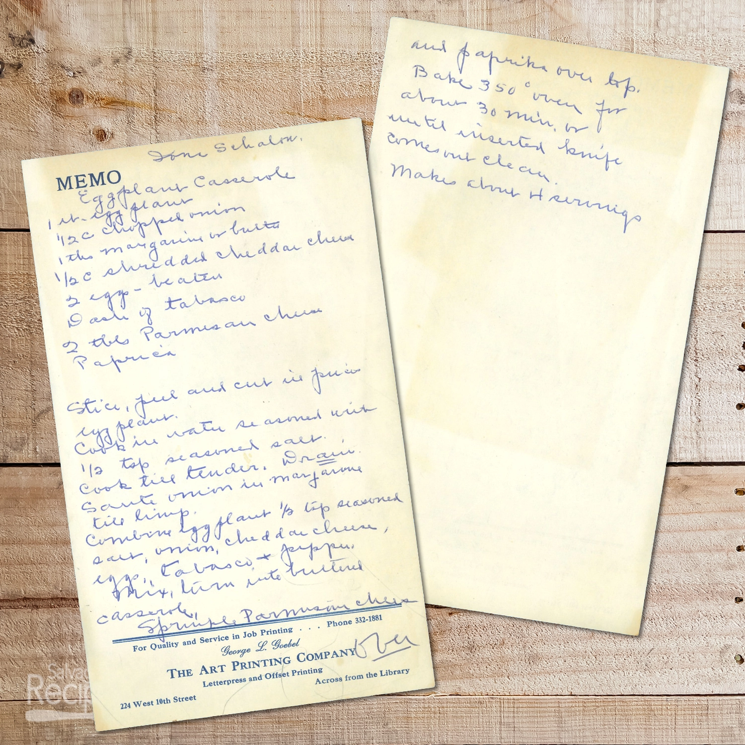 Handwritten recipe for Eggplant Casserole