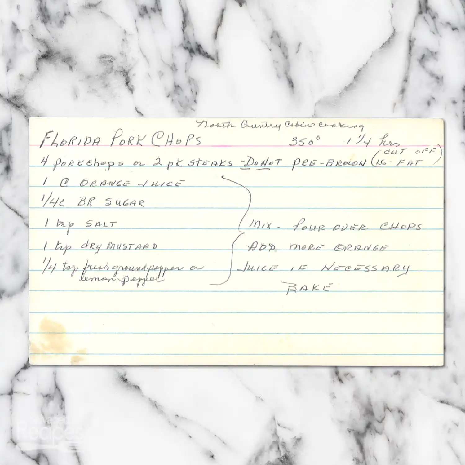 Handwritten recipe card for Florida Pork Chops