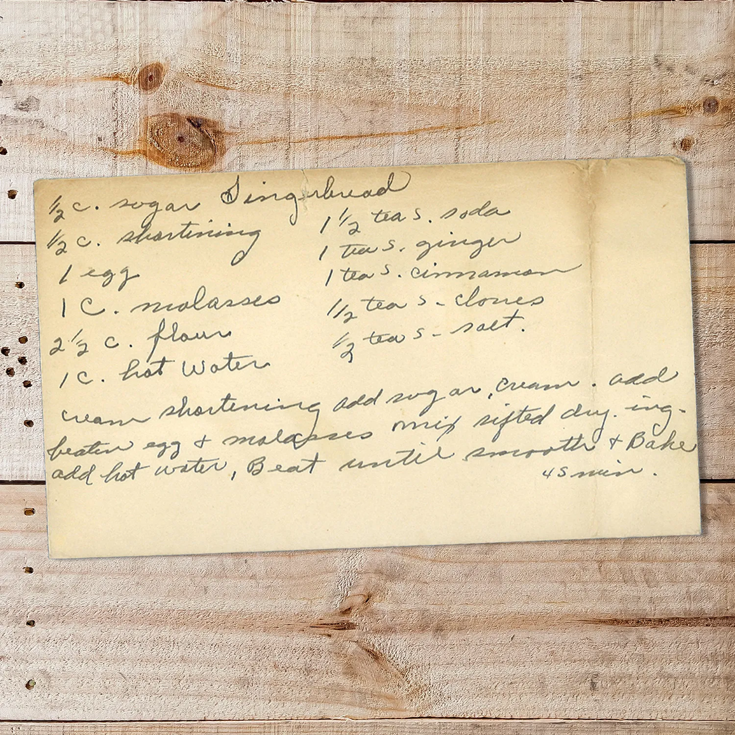 Handwritten recipe card for Gingerbread