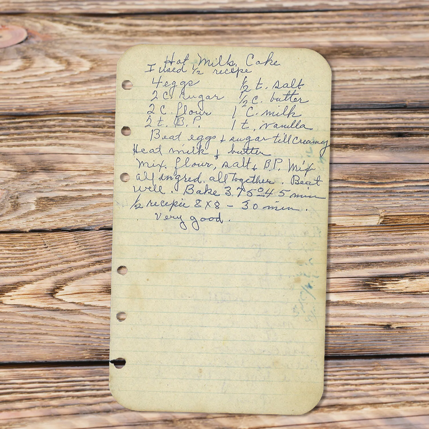 Handwritten recipe for Half MIlk Cake
