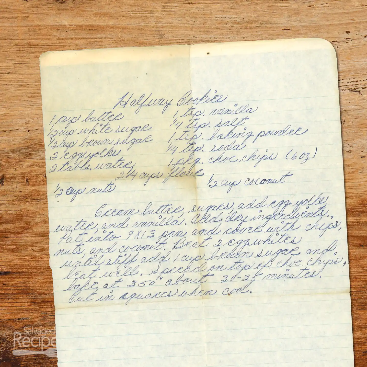 Handwritten recipe for Halfway Cookies