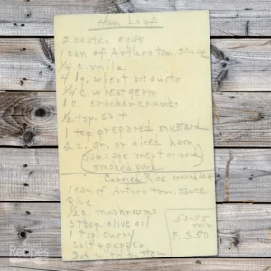 Handwritten recipe for Ham Loaf and Curried Rice