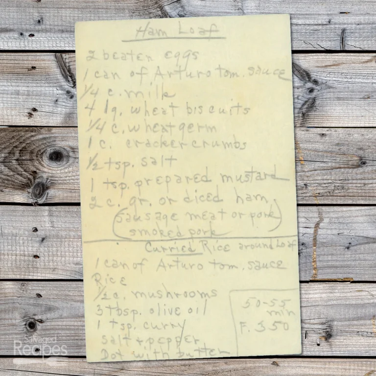 Handwritten recipe for Ham Loaf and Curried Rice