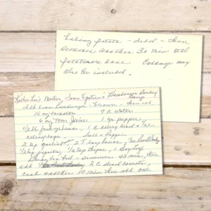 Handwritten recipe card for Joan Epstein's Hamburger Barley Soup
