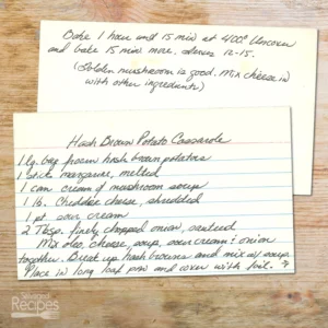 Handwritten recipe card for Hash Brown Potato Casserole