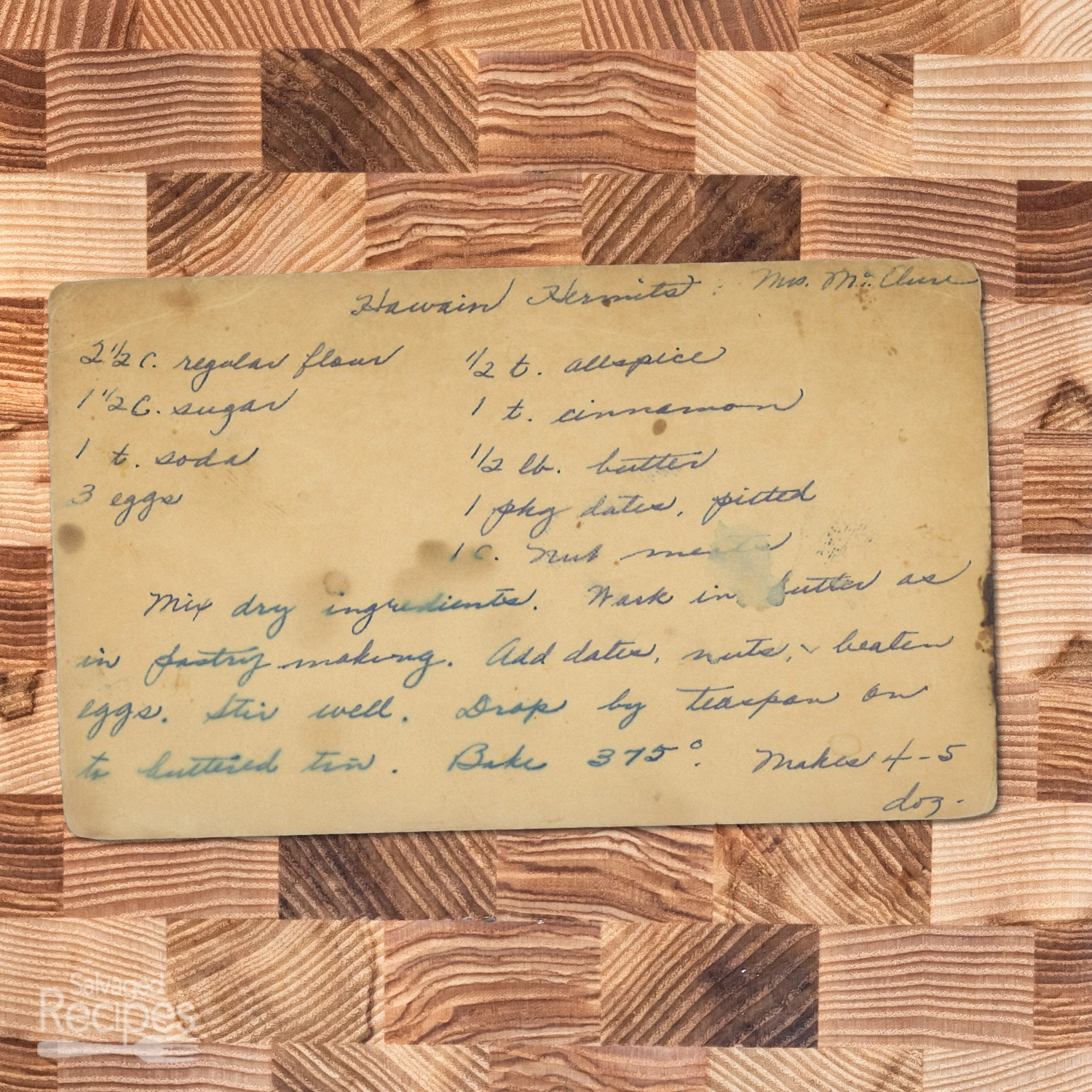 Handwritten recipe card for Hawaiian Hermits