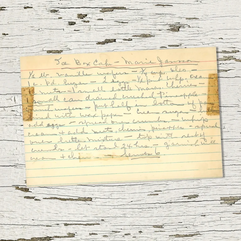 Handwritte nrecipe card for Icebox Cake from Marie Janssen