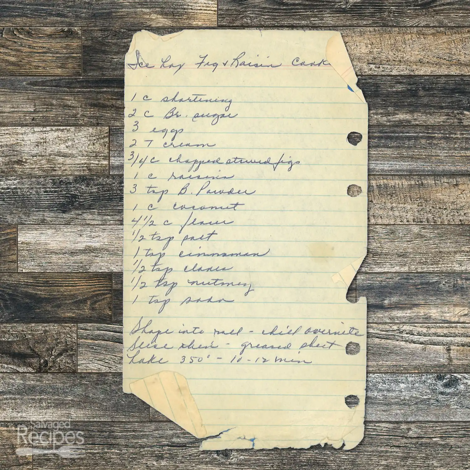 Handwritten recipe for Icebox Fig and Raisin Cookies