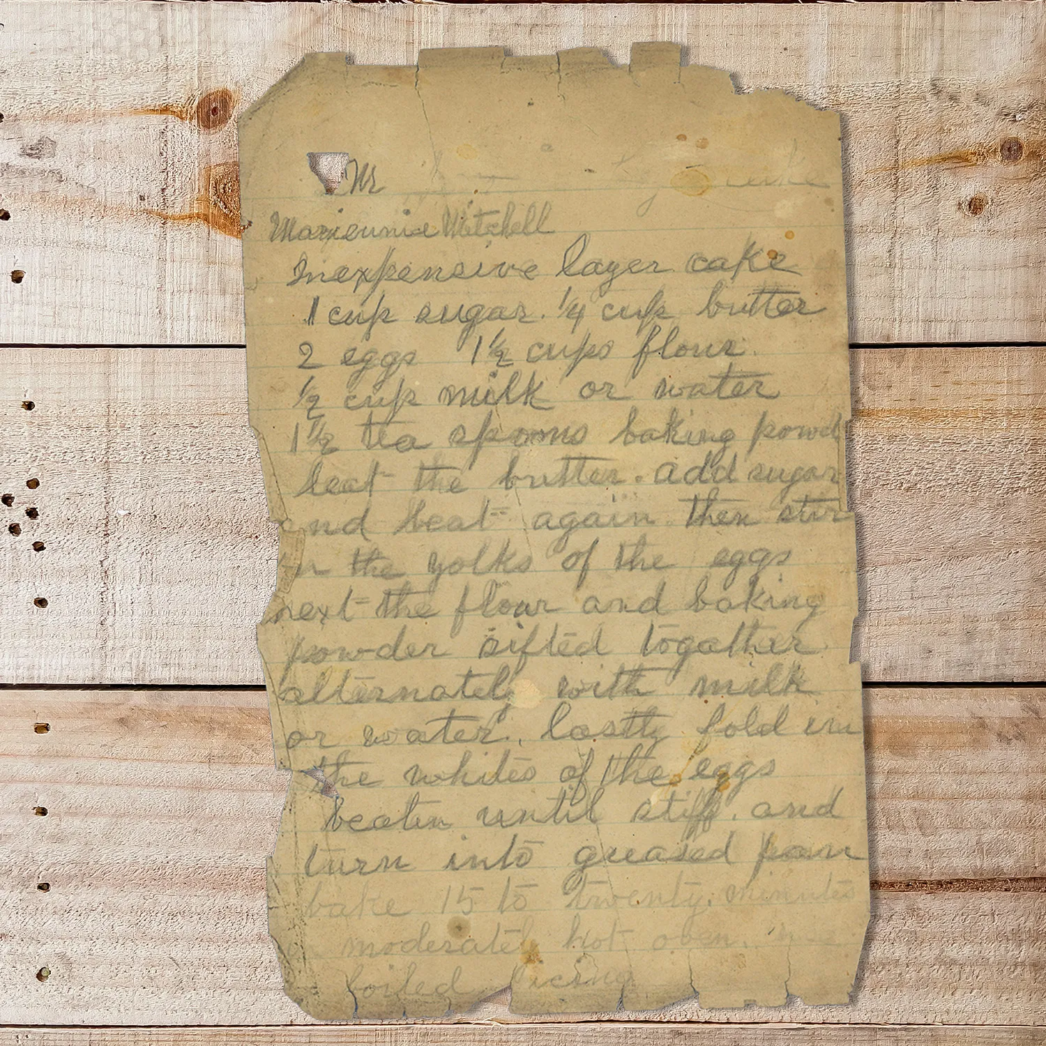 Handwritten recipe for Inexpensive Layer Cake