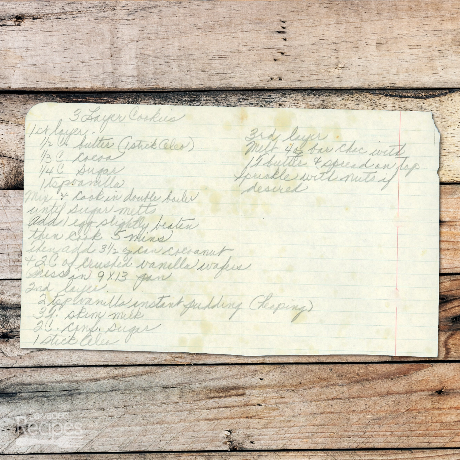Handwritten recipe for 3-Layer Cookies