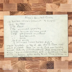 Handwritten recipe for Alice's Deviled Crabs