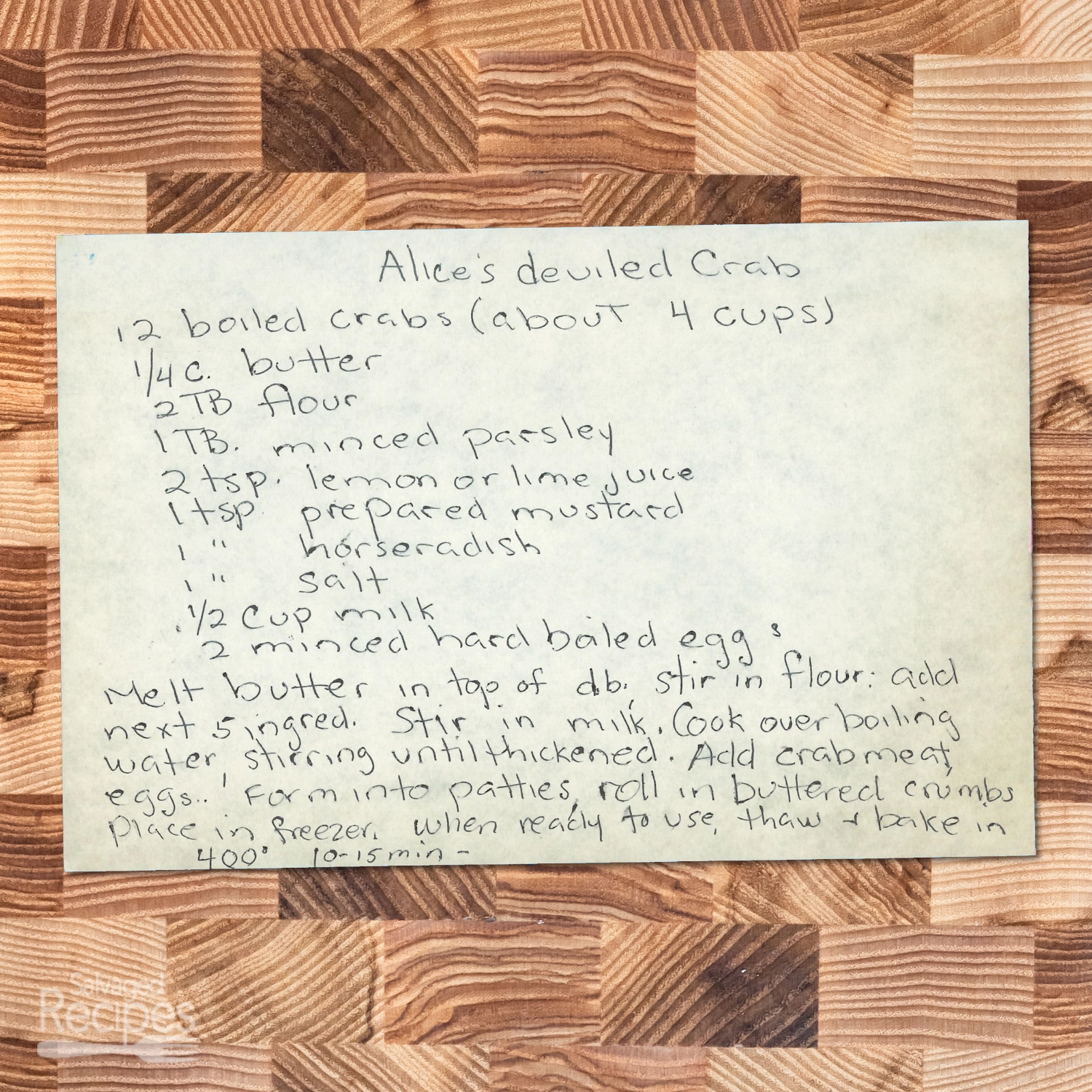 Handwritten recipe for Alice's Deviled Crabs